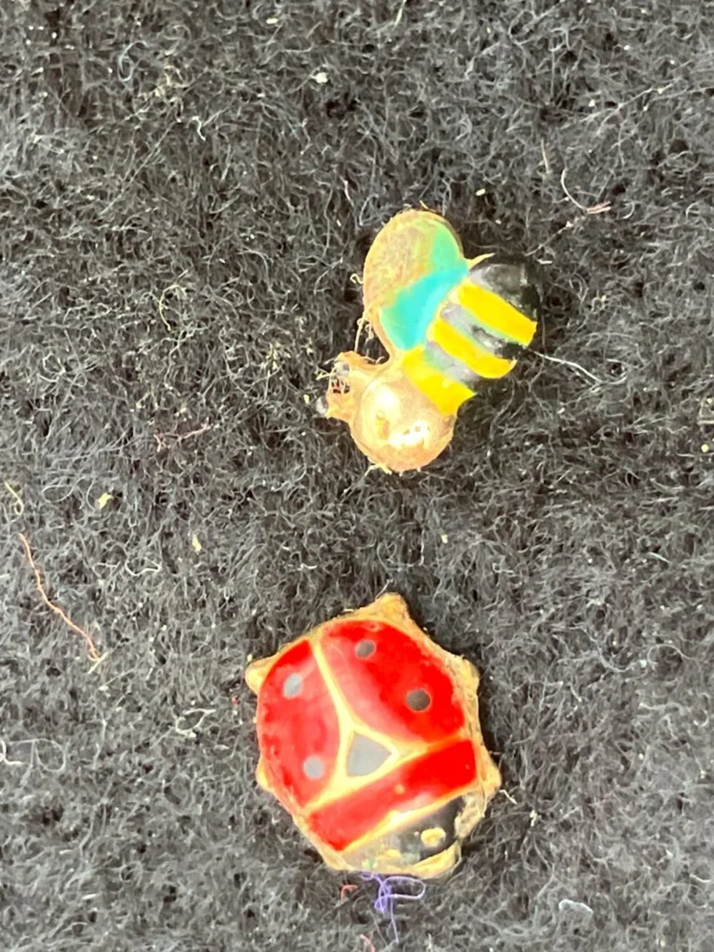 Vintage 14K Gold Italian Ladybug & Enamel Bee Mismatched Studs - Signed